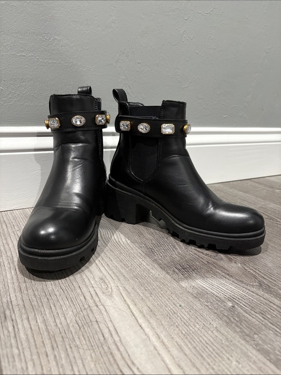 Shoes - Women's Black Chelsea Lug Boots with Jeweled Strap